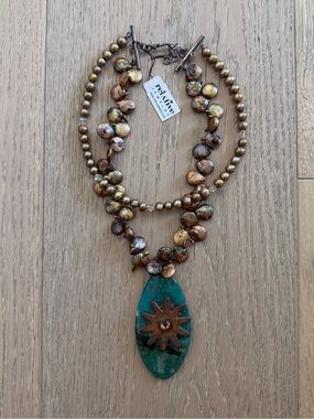 Relative Jewelry Turquoise Spur Rowel Bronze Pearl Western Statement Necklace